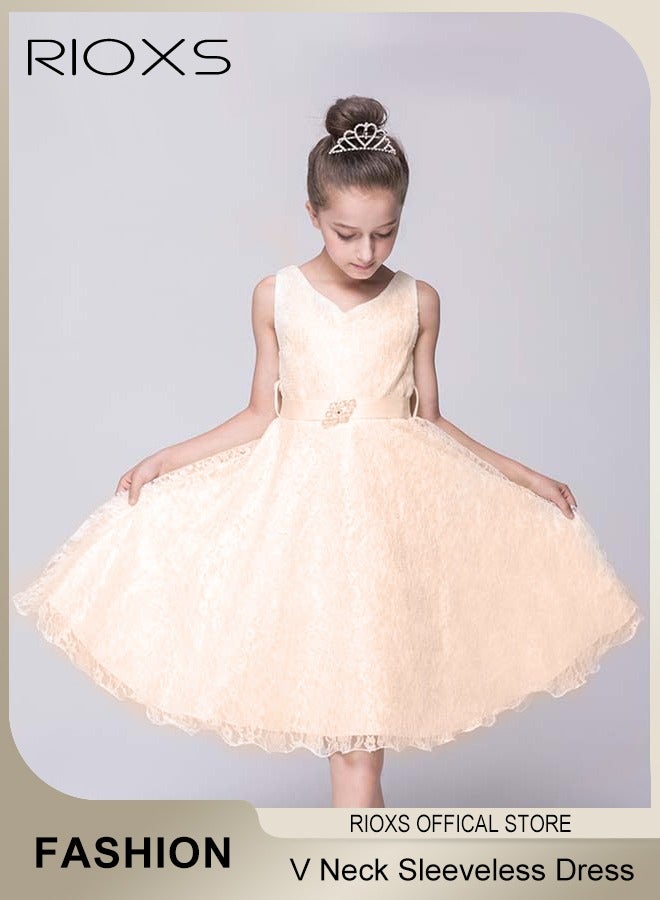 Kids Girls Elegant Lace Gowns Dress V Neck Sleeveless Dress Cute Princess Dress for Performance