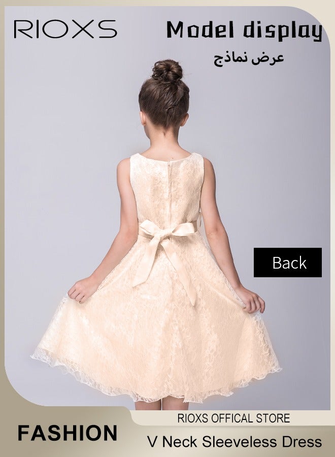 Kids Girls Elegant Lace Gowns Dress V Neck Sleeveless Dress Cute Princess Dress for Performance