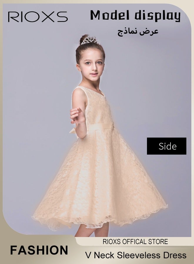 Kids Girls Elegant Lace Gowns Dress V Neck Sleeveless Dress Cute Princess Dress for Performance