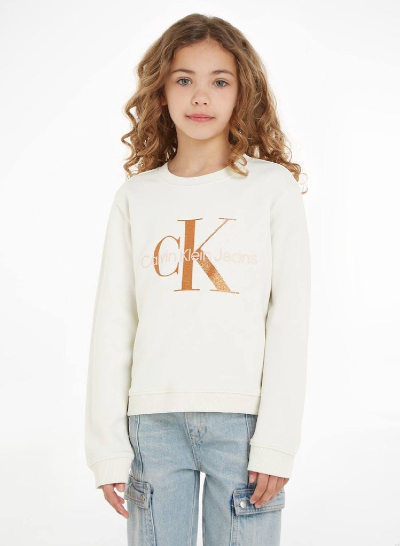 Calvin Klein Jeans Kids, Girls' Sweatshirt - Sportswear - Cotton , White