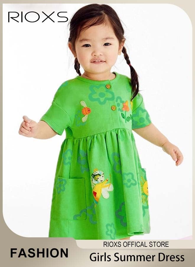 Girls A-line Dress with 2 Pockets, Round Neck Short Sleeve Dress with Adorable Patterns, Wonderful Summer Dresses for Girls, Comfortable to Wear, Suitable for Daily Wear, Vacation and Other Occasions, Great Gift Choice for Girls