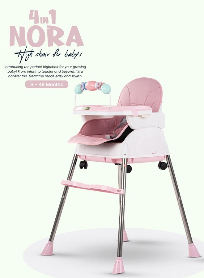 4 In 1 Nora Convertible High Chair For Kids With Adjustable Height And Footrest Baby Toddler Feeding Booster Seat With Tray Safety Belt Kids High Chair For Baby 6 Months To 4 Years Pink