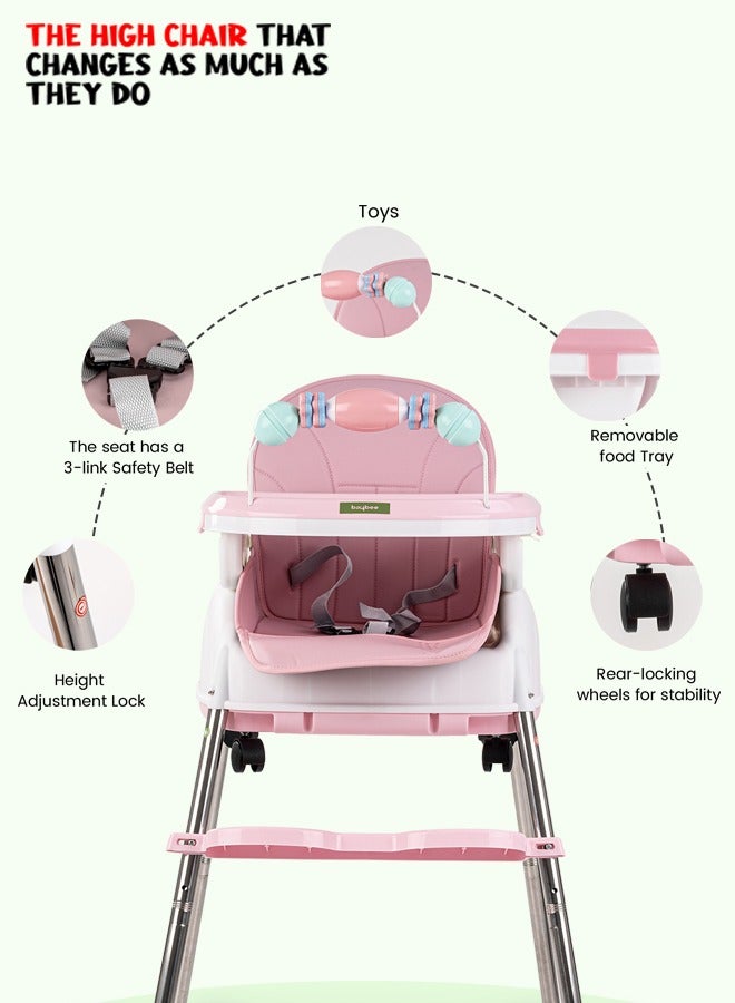 4 In 1 Nora Convertible High Chair For Kids With Adjustable Height And Footrest Baby Toddler Feeding Booster Seat With Tray Safety Belt Kids High Chair For Baby 6 Months To 4 Years Pink