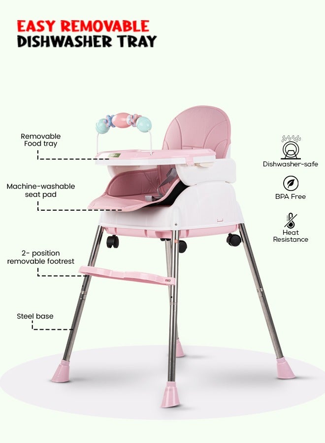 4 In 1 Nora Convertible High Chair For Kids With Adjustable Height And Footrest Baby Toddler Feeding Booster Seat With Tray Safety Belt Kids High Chair For Baby 6 Months To 4 Years Pink