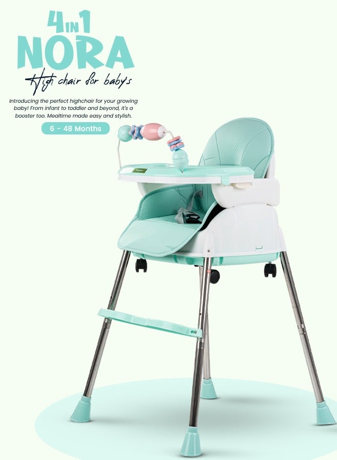 4 In 1 Nora Convertible High Chair For Kids With Adjustable Height And Footrest Baby Toddler Feeding Booster Seat With Tray Safety Belt Kids High Chair For Baby 6 Months To 4 Years Green