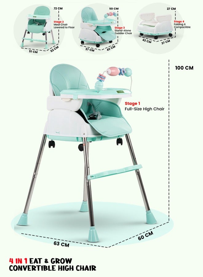 4 In 1 Nora Convertible High Chair For Kids With Adjustable Height And Footrest Baby Toddler Feeding Booster Seat With Tray Safety Belt Kids High Chair For Baby 6 Months To 4 Years Green