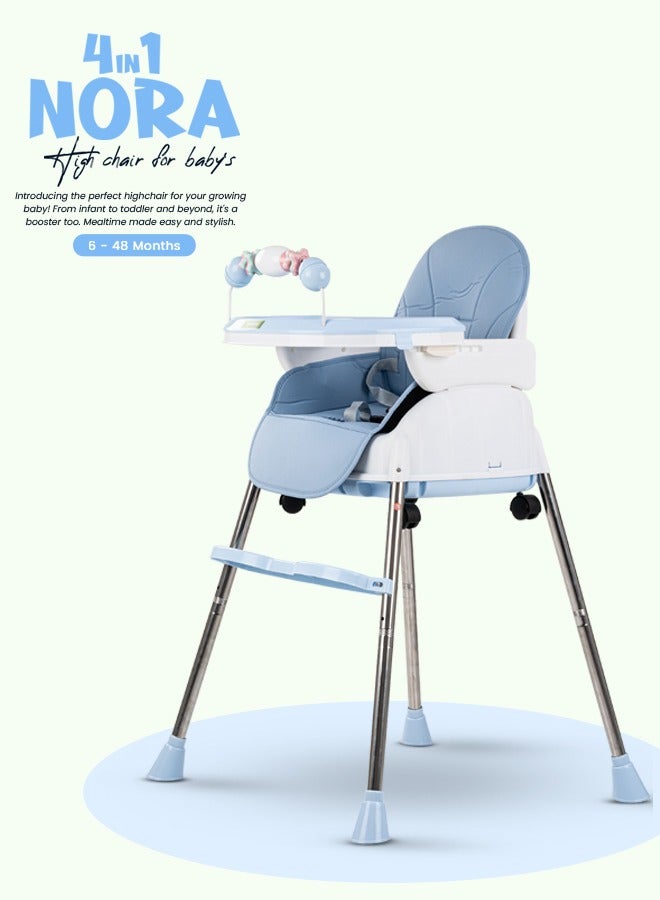 4 In 1 Nora Convertible High Chair For Kids With Adjustable Height And Footrest Baby Toddler Feeding Booster Seat With Tray Safety Belt Kids High Chair For Baby 6 Months To 4 Years Blue