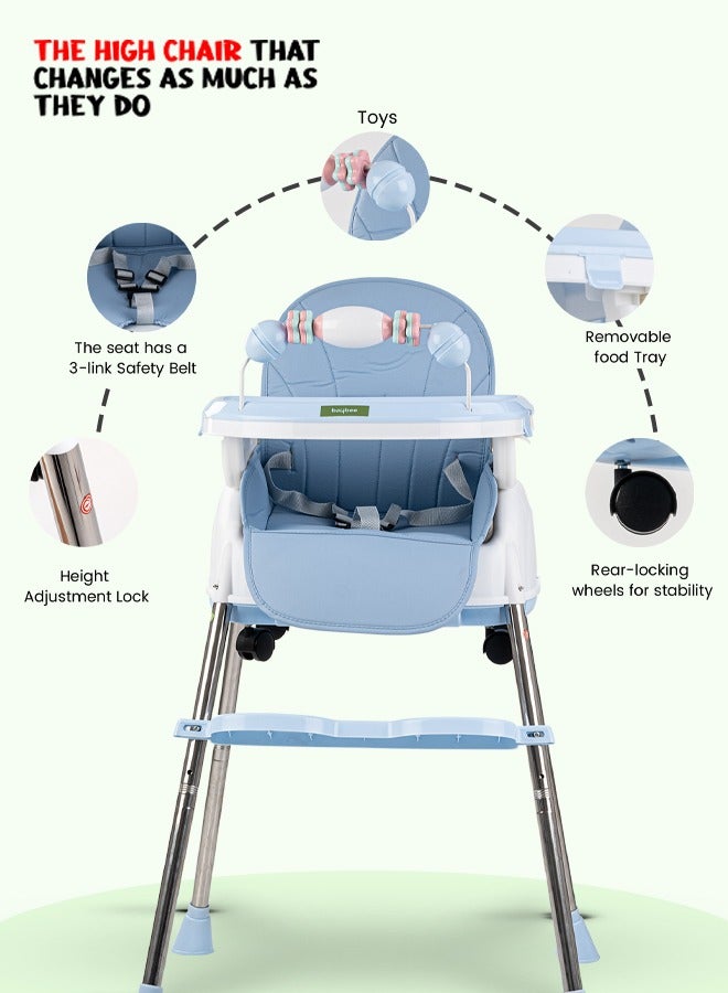 4 In 1 Nora Convertible High Chair For Kids With Adjustable Height And Footrest Baby Toddler Feeding Booster Seat With Tray Safety Belt Kids High Chair For Baby 6 Months To 4 Years Blue