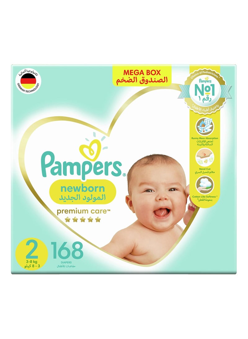 Pampers Premium Care Newborn Taped Diapers, Size 2, 3-8kg, Unique Softest Absorption for Ultimate Skin Protection, 168 Count