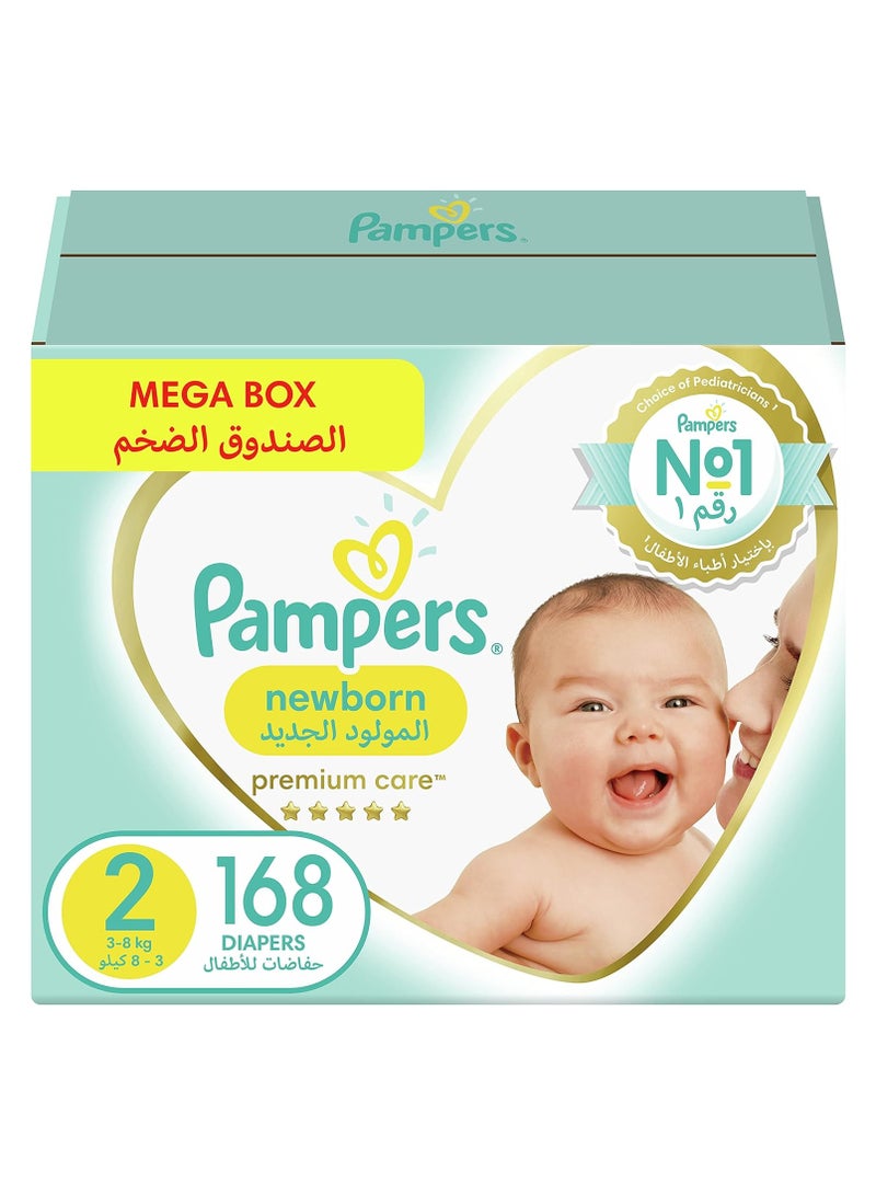 Pampers Premium Care Newborn Taped Diapers, Size 2, 3-8kg, Unique Softest Absorption for Ultimate Skin Protection, 168 Count