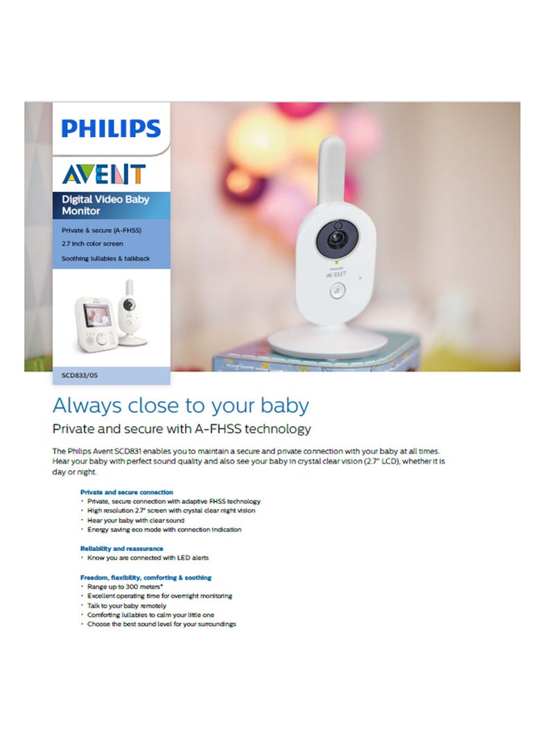 Philips Avent Advanced Digital Baby Monitor, Scd833, 05, Wired - White