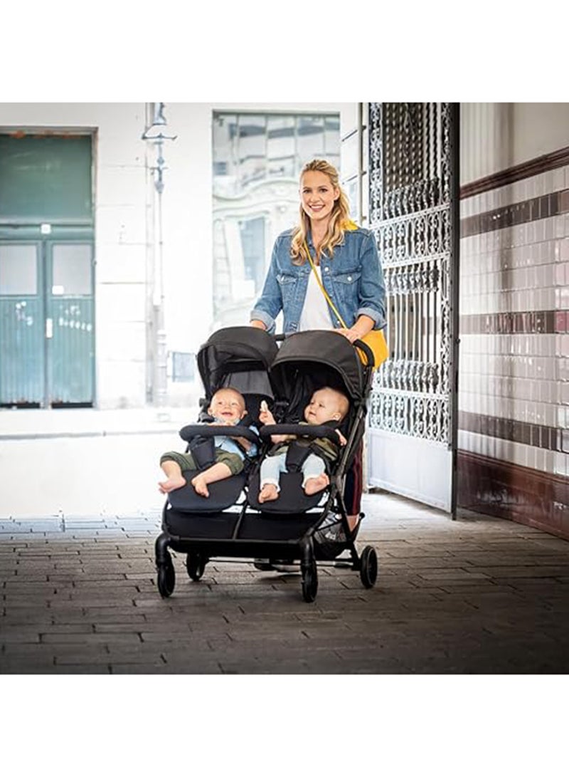 Swift X Duo Twin Pushchair, Blackside By Side Double (Only 75Cm Wide), Compact And One Hand Folding With Raincover