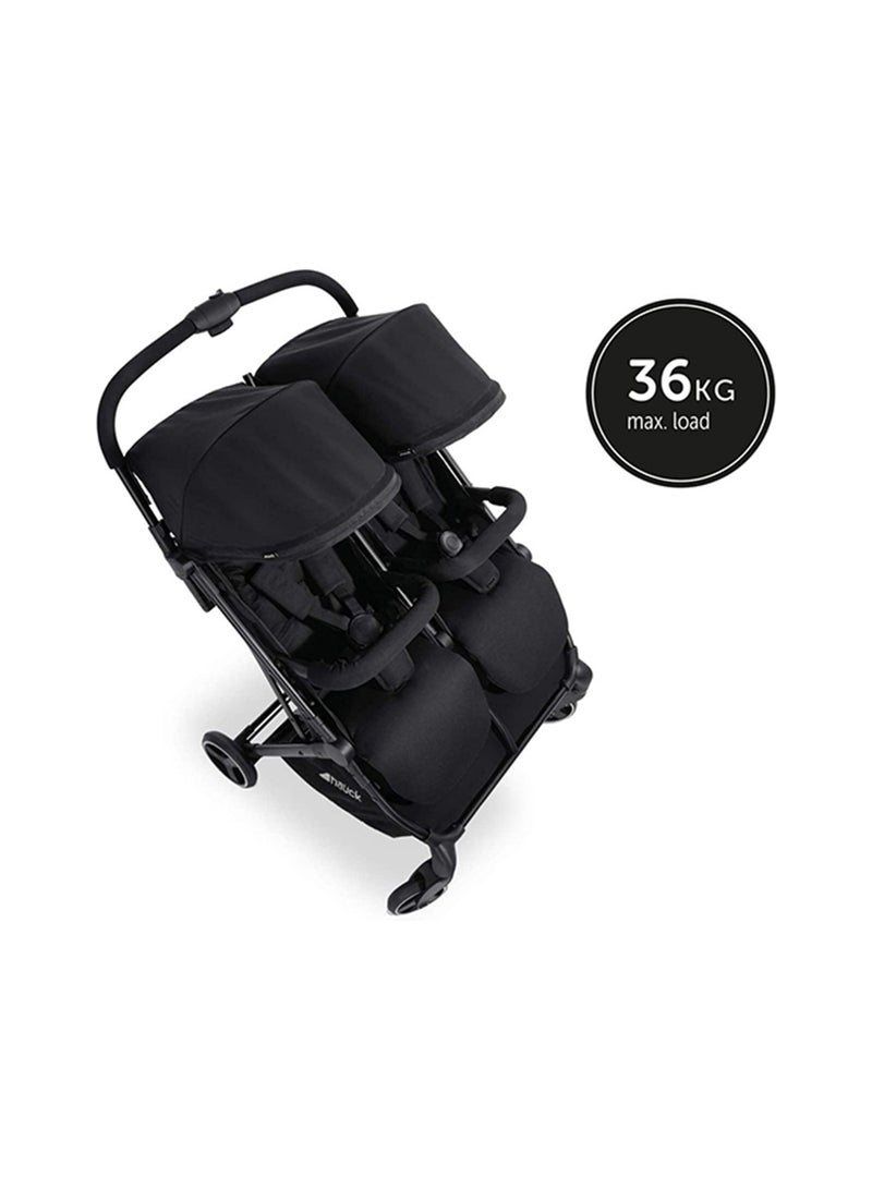 Swift X Duo Twin Pushchair, Blackside By Side Double (Only 75Cm Wide), Compact And One Hand Folding With Raincover