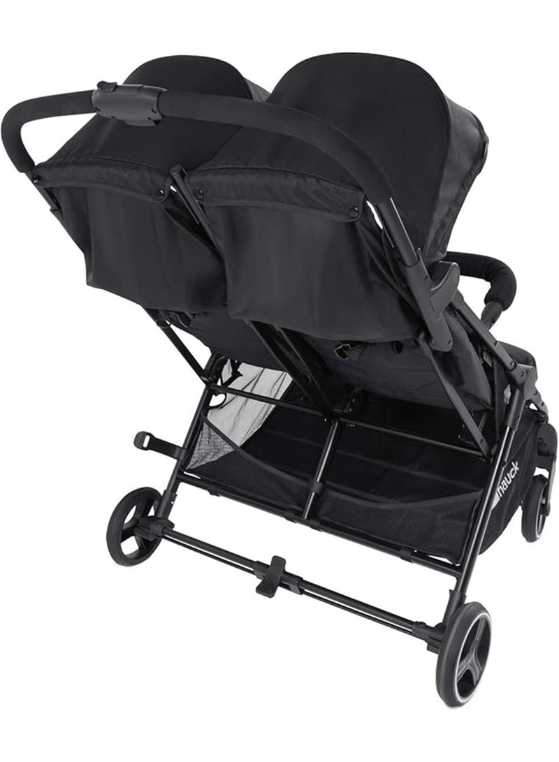 Swift X Duo Twin Pushchair, Blackside By Side Double (Only 75Cm Wide), Compact And One Hand Folding With Raincover