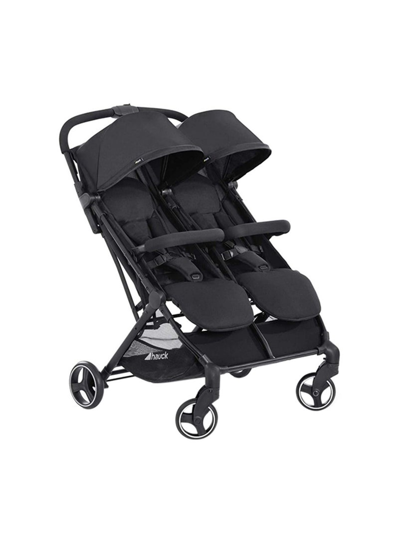 Swift X Duo Twin Pushchair, Blackside By Side Double (Only 75Cm Wide), Compact And One Hand Folding With Raincover