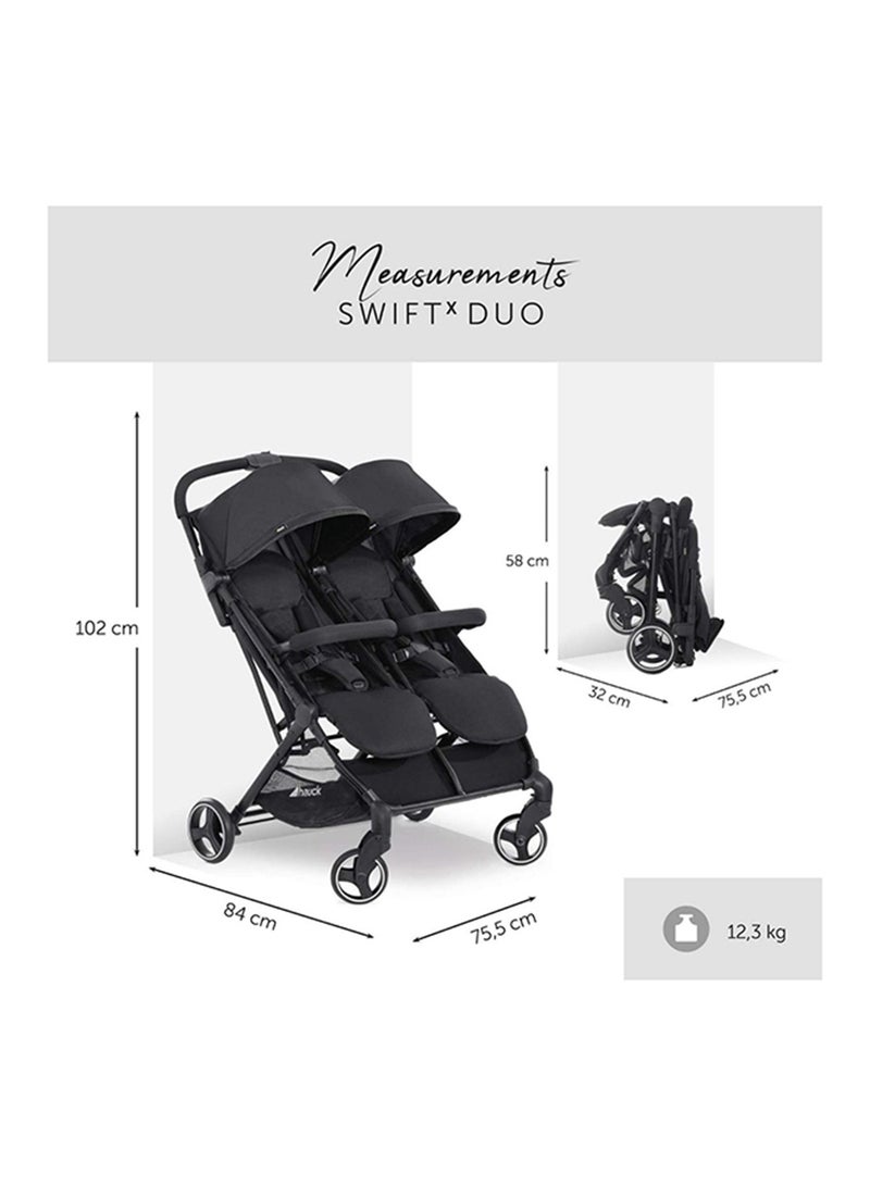 Swift X Duo Twin Pushchair, Blackside By Side Double (Only 75Cm Wide), Compact And One Hand Folding With Raincover