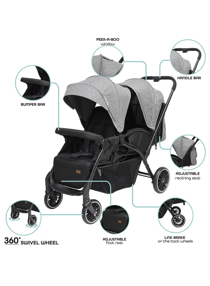 Reclining, Easy-Fold Dois Twin Baby Stroller Pram With Adjustable Canopy, 5-Point Harness, 0 Months +, Grey, Group 0+