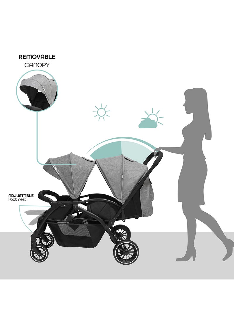 Reclining, Easy-Fold Dois Twin Baby Stroller Pram With Adjustable Canopy, 5-Point Harness, 0 Months +, Grey, Group 0+