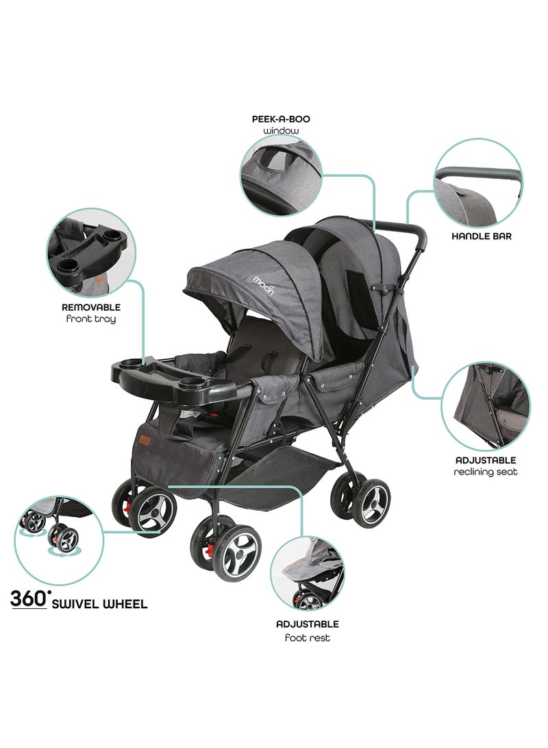 Baby Pair Twin Stroller With Five Point Safety Harness And Adjustable Footrest, Newborn Up To 3 Years - Black/Grey