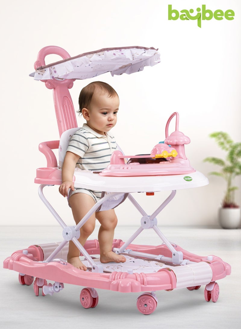 Bulba Baby Walker With Rocker for Baby, Kids Walker with Three Adjustable Height Foot Mat Canopy Musical Toy Bar Activity Walker for Toddlers Kids Walker for Baby Boy Girl 6-18months Pink