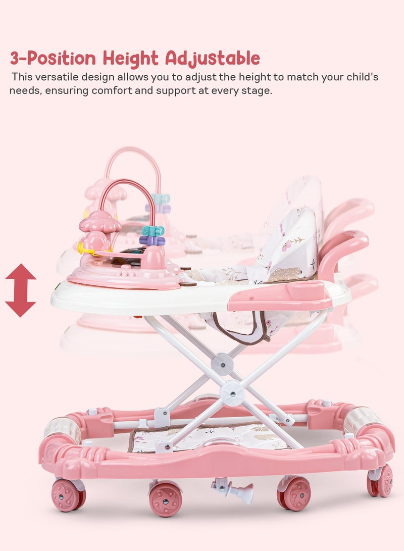 Bulba Baby Walker With Rocker for Baby, Kids Walker with Three Adjustable Height Foot Mat Canopy Musical Toy Bar Activity Walker for Toddlers Kids Walker for Baby Boy Girl 6-18months Pink