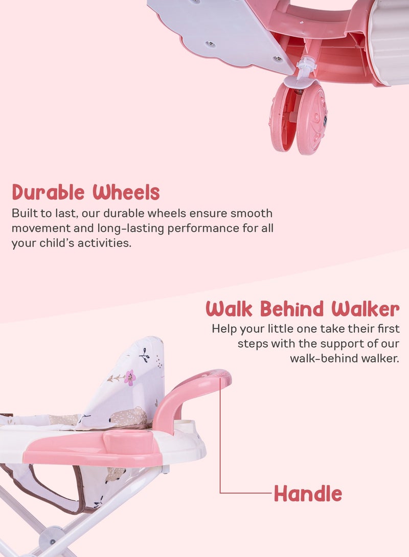 Bulba Baby Walker With Rocker for Baby, Kids Walker with Three Adjustable Height Foot Mat Canopy Musical Toy Bar Activity Walker for Toddlers Kids Walker for Baby Boy Girl 6-18months Pink