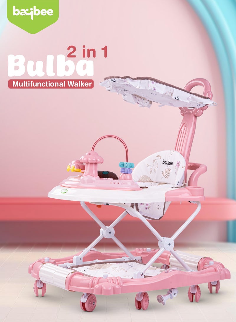 Bulba Baby Walker With Rocker for Baby, Kids Walker with Three Adjustable Height Foot Mat Canopy Musical Toy Bar Activity Walker for Toddlers Kids Walker for Baby Boy Girl 6-18months Pink