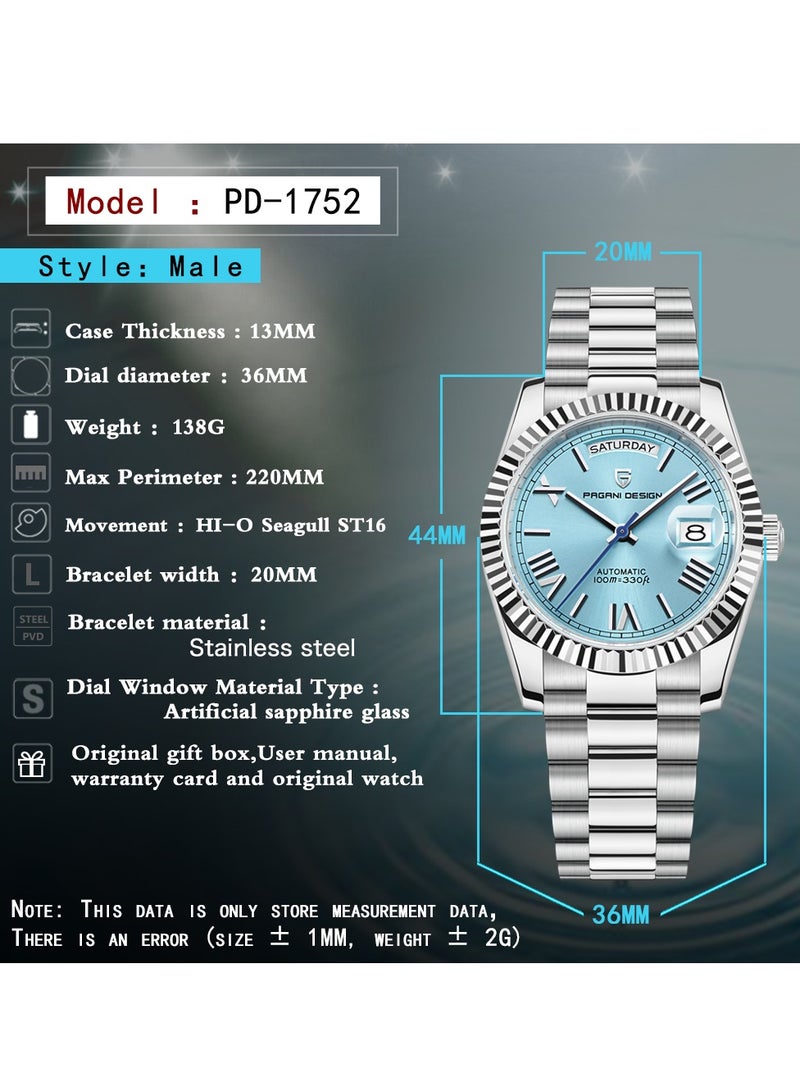 Men’s Luxury Automatic Watches,Stainless Steel Sapphire Glass 100M Waterproof Mechanical Wristwatch ST16 Japanese Movement Business Watch Gift for Men