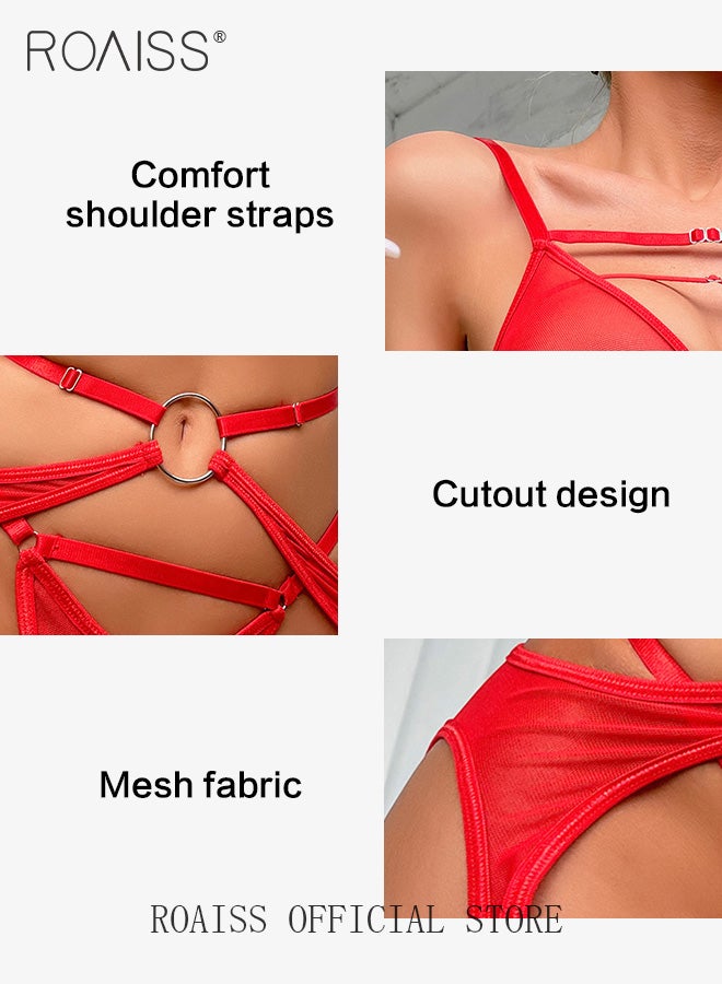 See Through Lingerie Set for Women Red Mesh Yarn Stitching Spaghetti Strap Underwear Suit with Garter Ladies Cross Straps Slim Fit Skin Friendly and Comfy Bodysuit for Adults