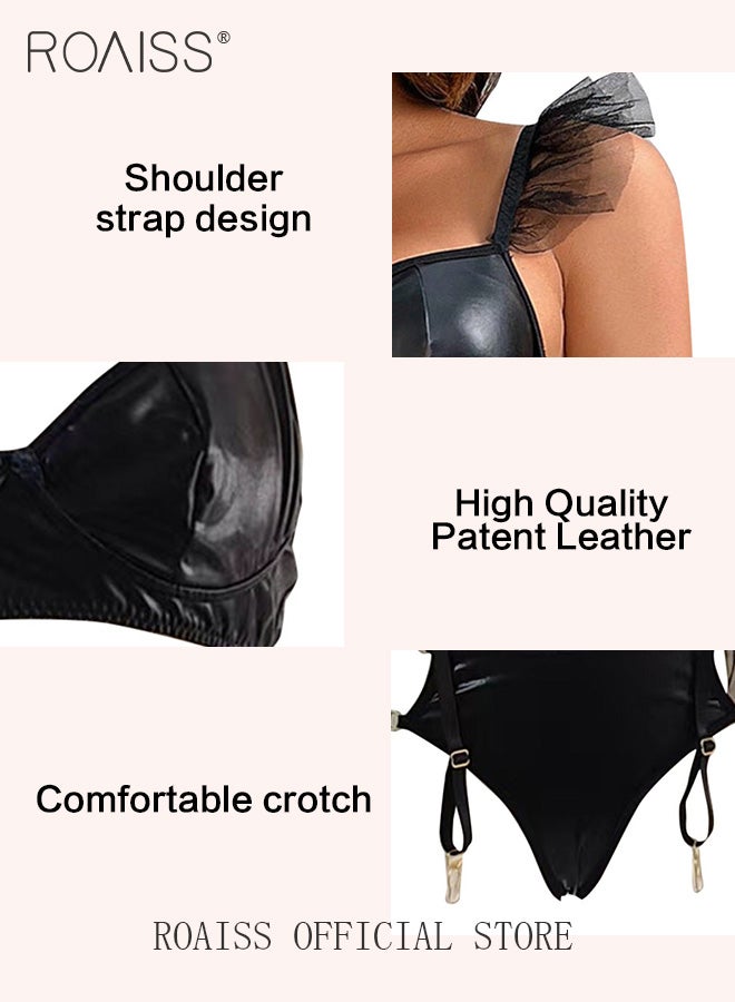 Split Lingerie Set with Fishnet Stockings for Women 3 Pieces Push up Bra Thongs Floral Lace Scallop Trim Garter Underwear Suit Ladies Skin-Friendly and Elastic Slim Fit Costume