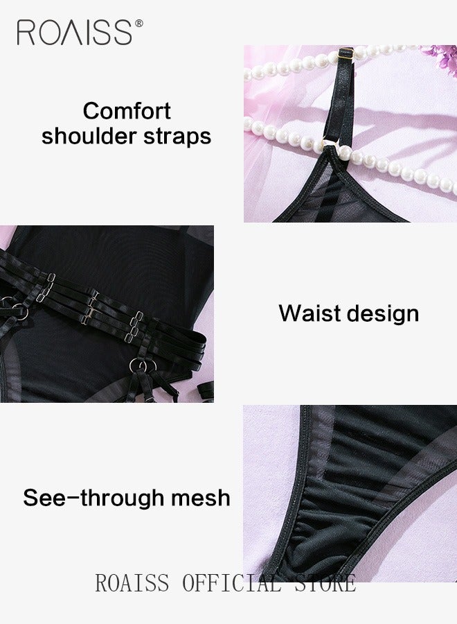 Mesh Yarn Corset Lingerie Set for Women Fancy See Through Straps Splicing Tie up Underwear Suit with Garters Tighten Waist Belt for Ladies Girls Breathable and Skin Friendly Slim Fit Bodysuit