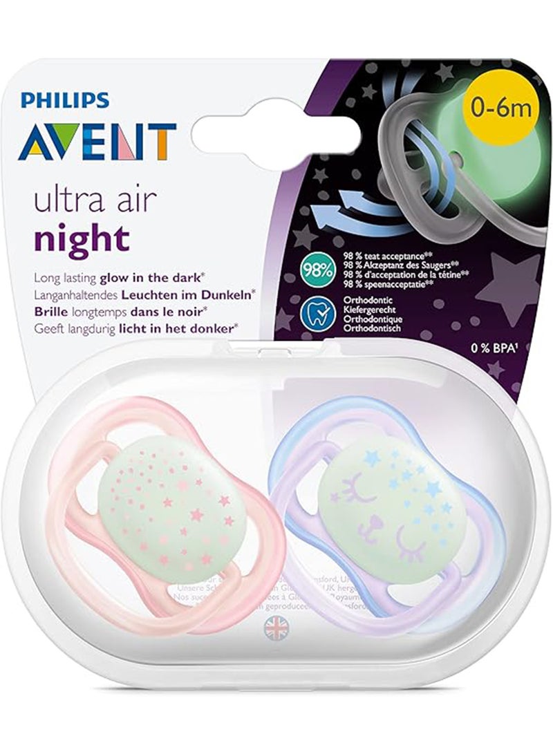 Pack Of 2 Ultra Air Night Soft Pacifier Set for 0-6 Months, Assorted Color - SCF376/12