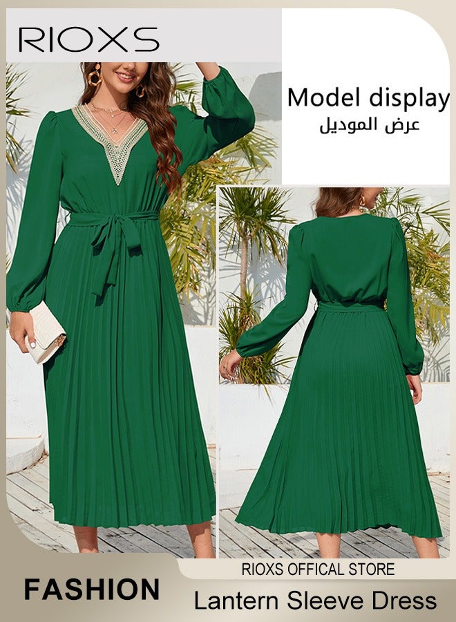 Women's Casual Long Puff Sleeve Slim-fit Dress Lace Trimmed V-neck Pleated Mid-long Dresses with Belt