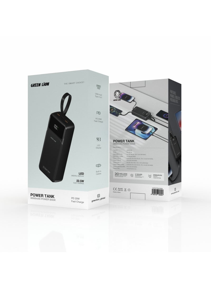 Power Tank 30000mAh Power Bank / PD 20W Fast Charge / 2xUSB-A & 1xType-C Port / LED Digital Display / Built-in Cables / USB-A/USB-C/Lightening Output - Black