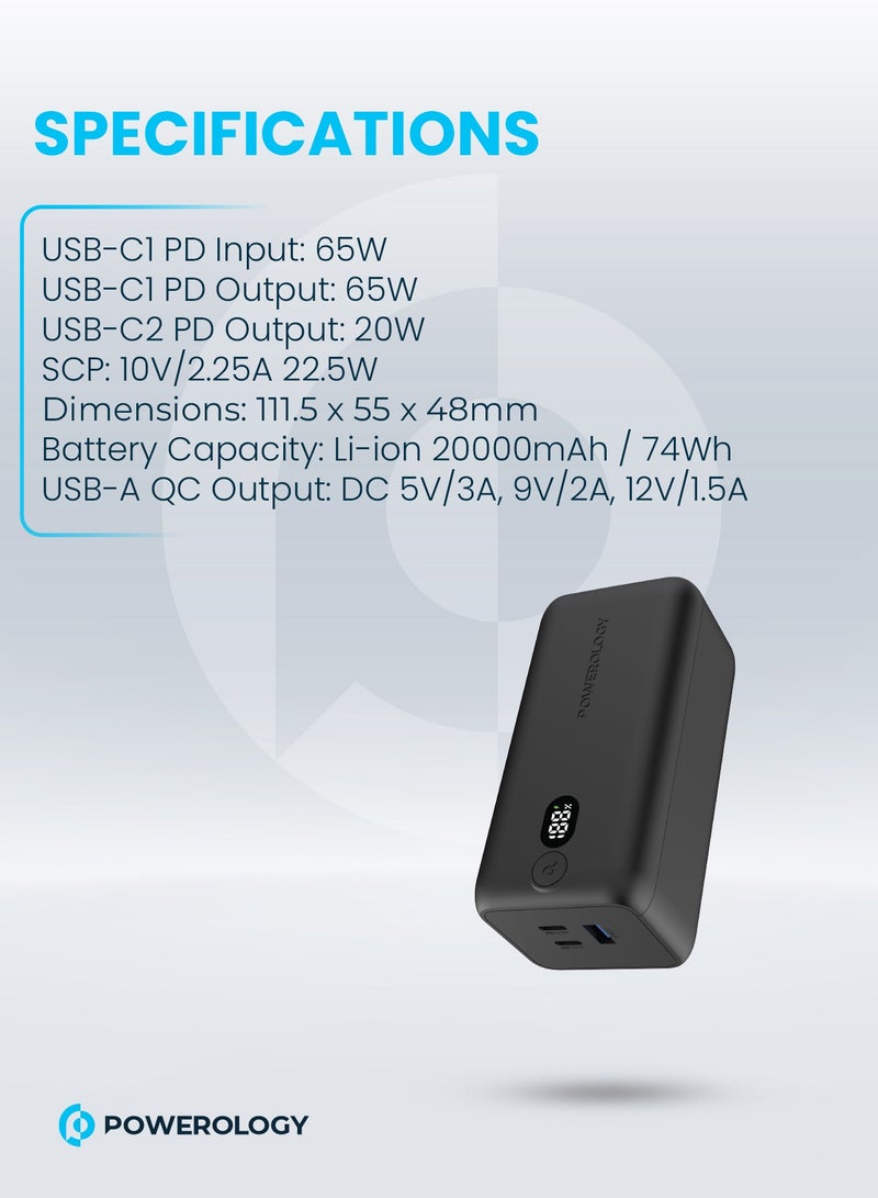 Onyx 20000mAh Dual USB-C Power Bank PD 65W/ LED Display / Dual Power Delivery / Rapid Three-Device Charging / Built-in Safeguards - Black