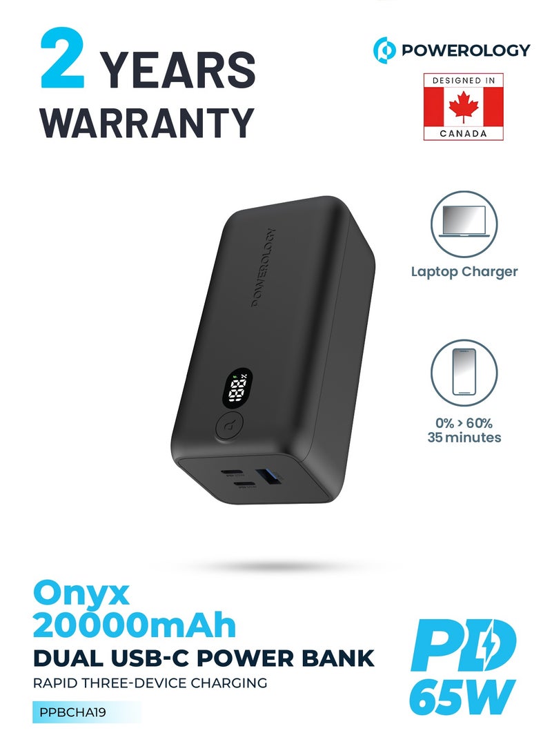 Onyx 20000mAh Dual USB-C Power Bank PD 65W/ LED Display / Dual Power Delivery / Rapid Three-Device Charging / Built-in Safeguards - Black