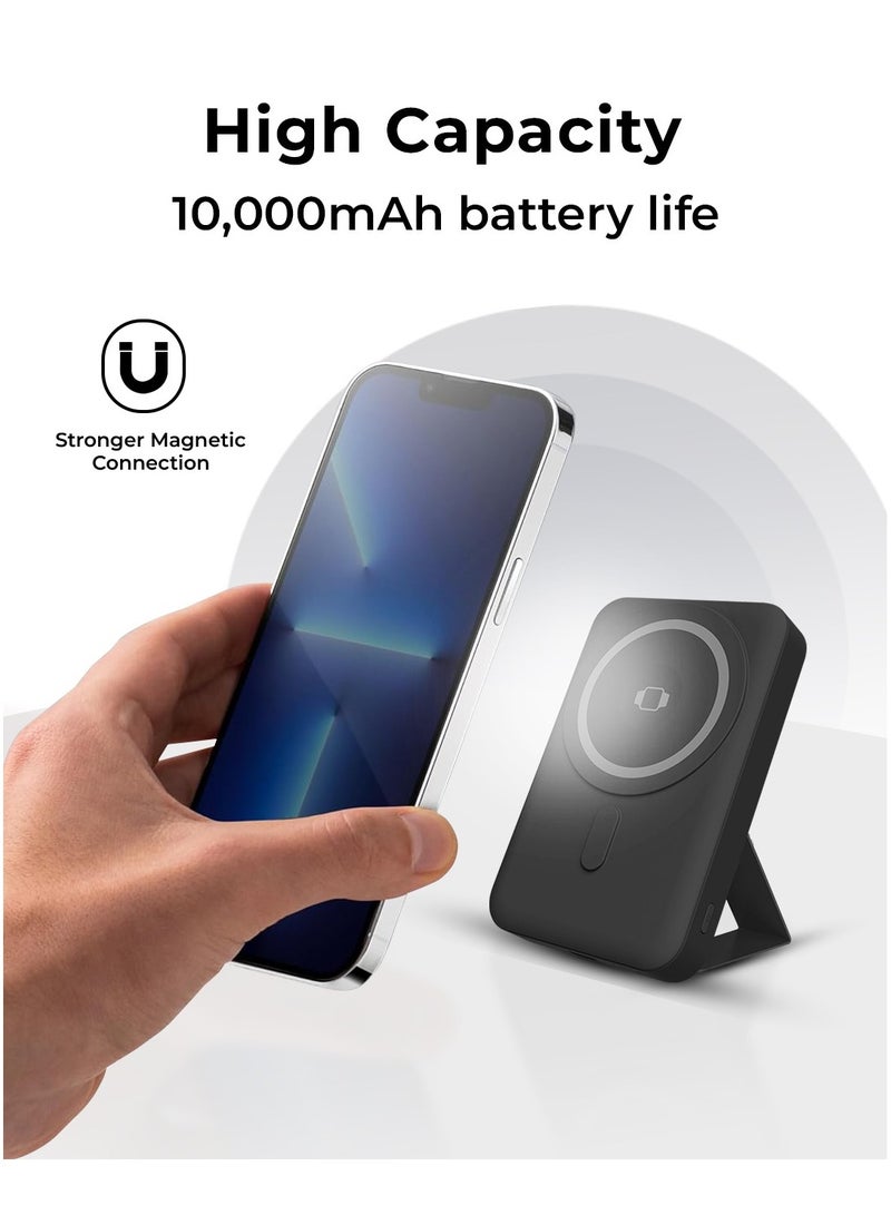 10000mAh 20W 2-in-1 Magsafe Wireless Fast Magnetic Power Bank Charger with Foldable Stand, Phone & Watch Charging, Portable Type-C for iPhone 12/13/14/15 Pro Max, Samsung S23/S22/S21, Android Black