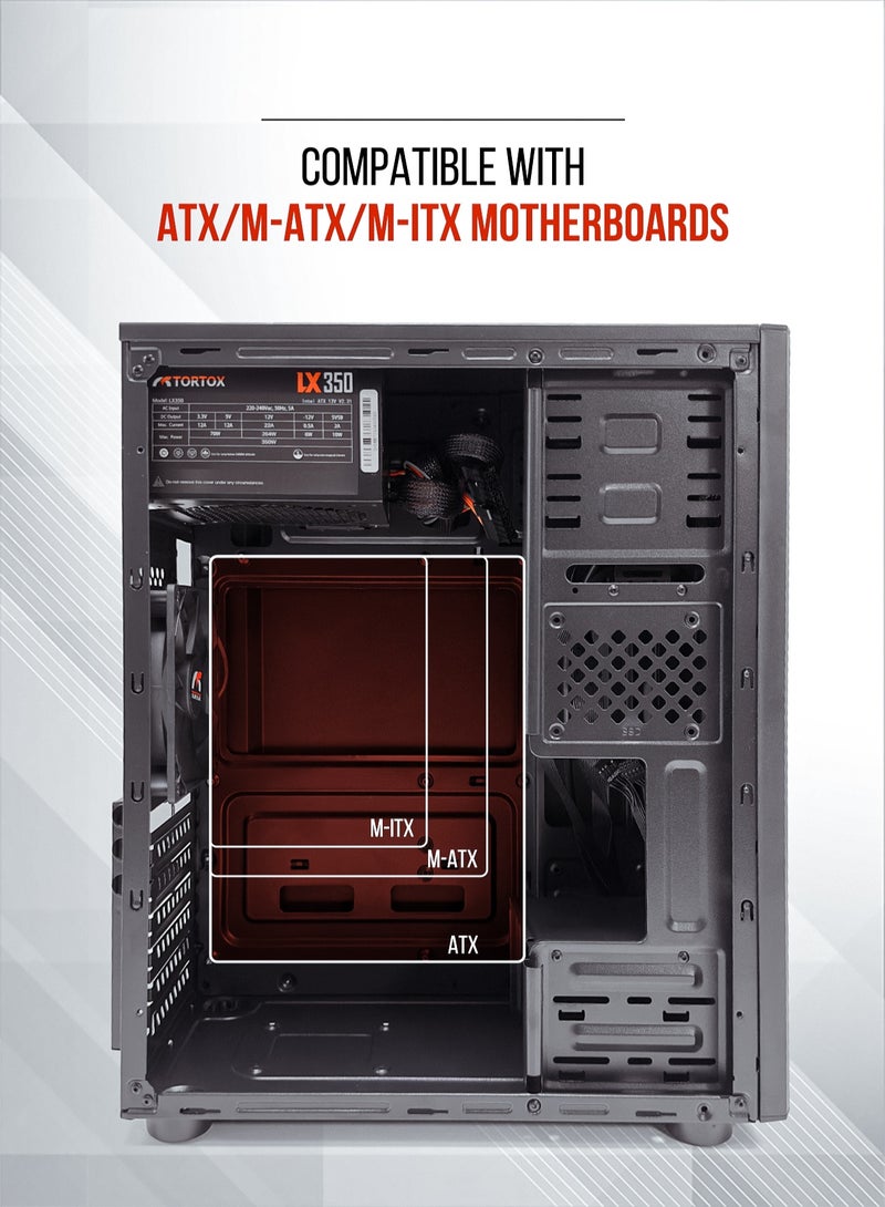 Tortox Zion ATX, ITX, M-ATX Gaming  PC Case or Office PC Case, Pre-installed 350W Power Supply and 120mm Fan*1, Metal Computer Case, HDD, SSD, 7 Expansion Slots, Ideal for Office & Gaming use