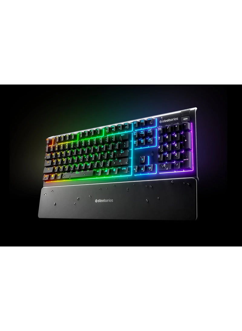 Apex 3 Water Resistant Gaming Keyboard, Premium Magnetic Wrist Rest, Whisper Quiet Gaming Switch, 10-Zone RGB Illumination, Anti-Ghosting, English US Layout, Black | 64795