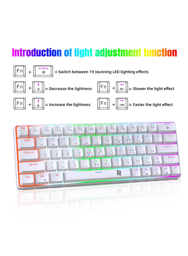 ROCK POW 60% Arabic English Mechanical Gaming Keyboard, 63keys RGB Backlit Ultra-Compact Mini Keyboard, Waterproof Mini Compact Keyboard for PC/Mac Gamer, Typist, Trip Hot Swappable Red Switch