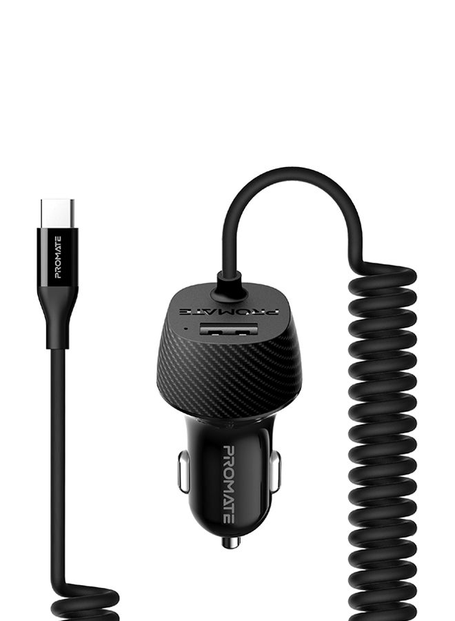 Type-C Car Charger Adapter, Fast Charging 3.4A USB Car Charger with Integrated Built-In Coiled USB-C Tangle-Free Cor and Short Circuit Protection for Smartphones, iPhone, GPS, VolTrip-C Black