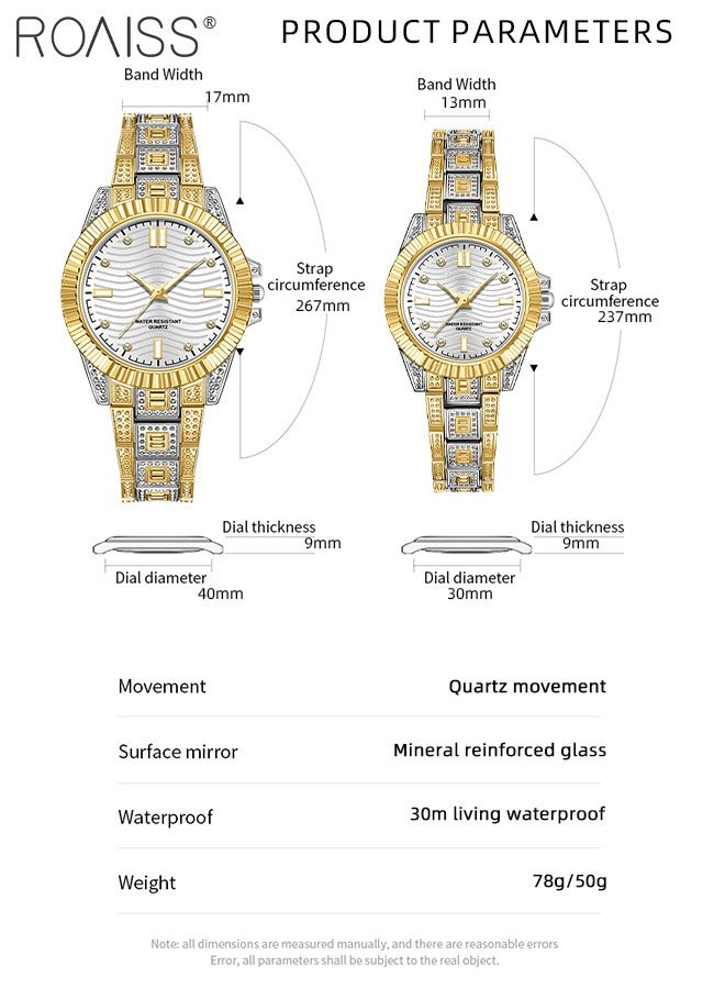 Stainless Steel Strap Couple Quartz Watch Set, Analog Display Round Dial, Waterproof Luminous Exquisite Fashion Wristwatch Suitable for Men Women, Gold and Silver