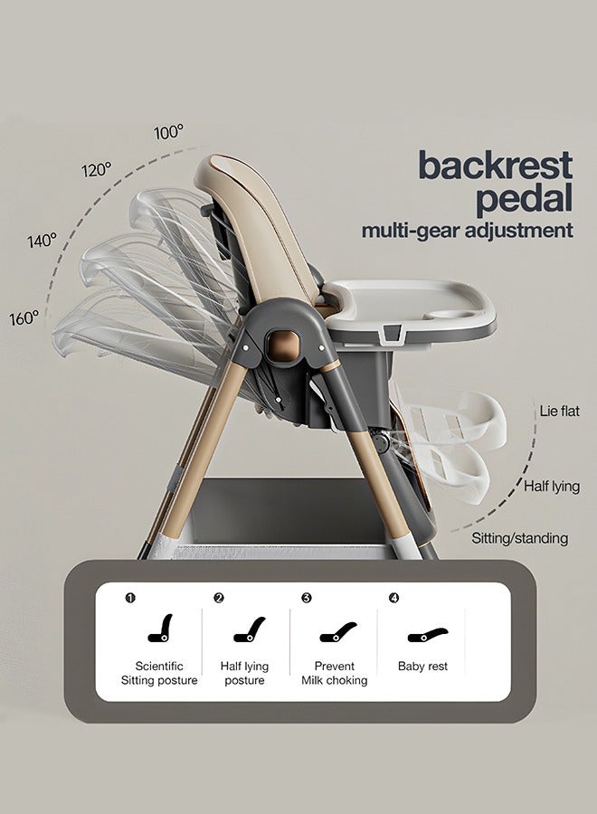 3 In 1 Baby Feeding High Chair With 8 Height Adjustable, Footrest, Tray, 160 Degree Recline, 5 Point Safety Belt And Wheels, 0 Months To 6 Years, Brown