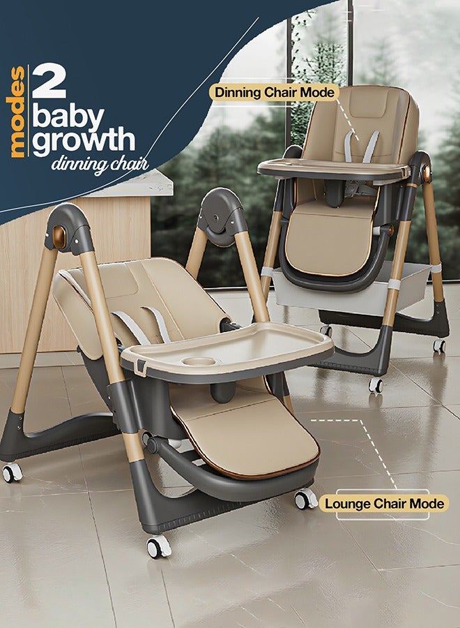 3 In 1 Baby Feeding High Chair With 8 Height Adjustable, Footrest, Tray, 160 Degree Recline, 5 Point Safety Belt And Wheels, 0 Months To 6 Years, Brown