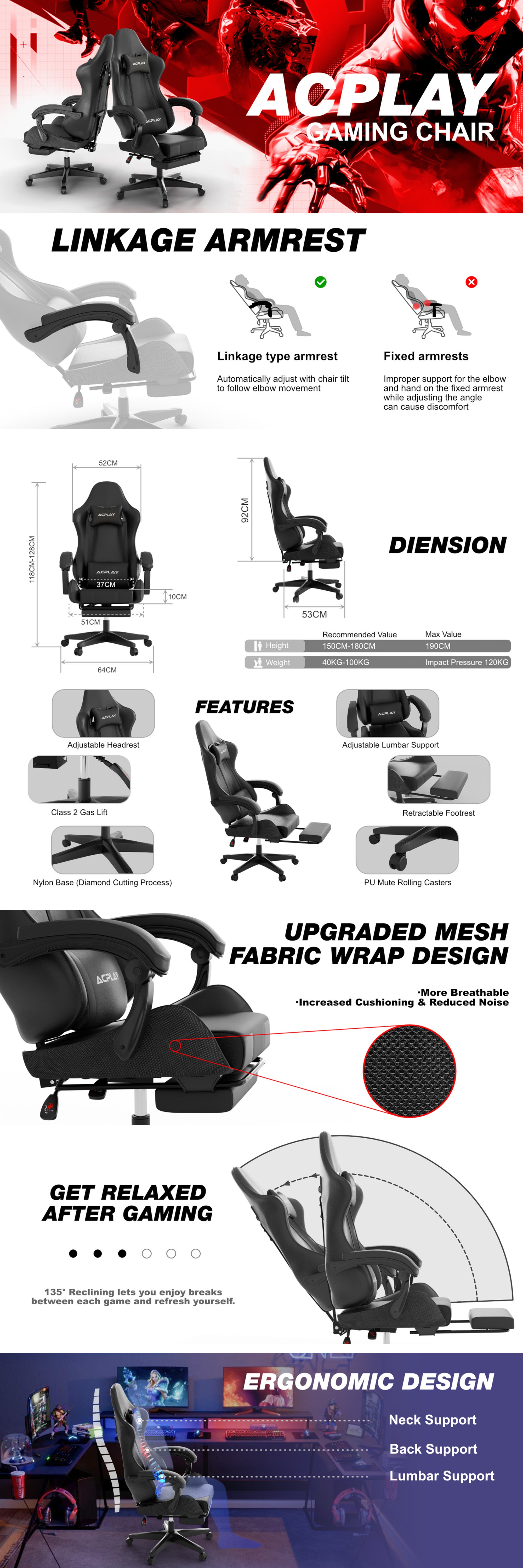 Gaming Chair with Retractable Footrest, Ergonomic Design, High Back, Reclining Function, Height adjustible, Neck and Lumbar Support, Silent Casters - Ideal for Racing, Office, and Computer Use Black