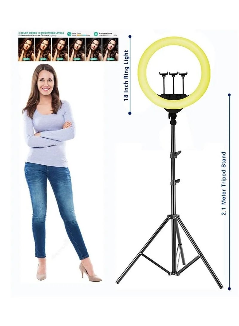 18 inch Dimmable Circle LED Studio Selfie Ring Light With 2.1 Meter Tripod Stand Remote And 3 Mobile Phone Holders For Makeup Camera Photography YouTube Video Shoot TikTok Vlog Live Stream Compatible