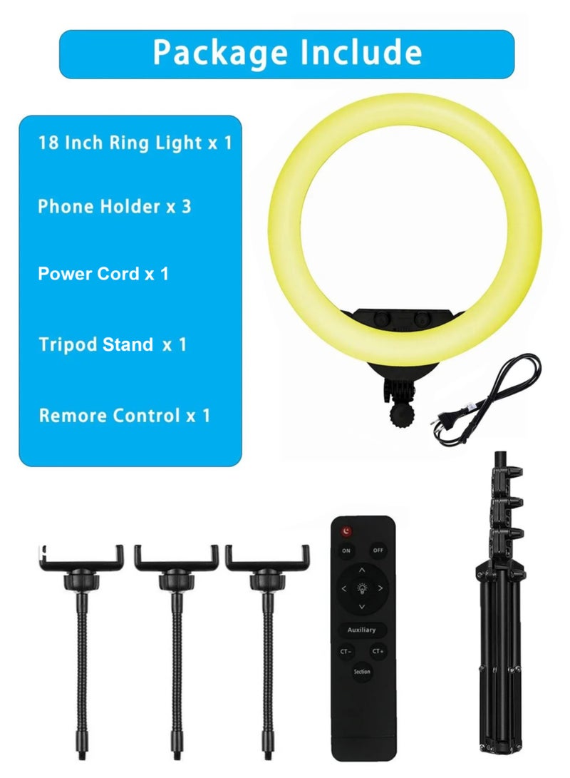 18 inch Dimmable Circle LED Studio Selfie Ring Light With 2.1 Meter Tripod Stand Remote And 3 Mobile Phone Holders For Makeup Camera Photography YouTube Video Shoot TikTok Vlog Live Stream Compatible