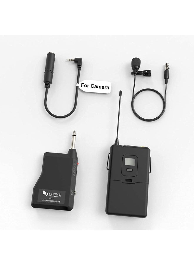 20-Channel UHF Wireless Lavalier Lapel Microphone System With Bodypack Transmitter, Mini XLR Female Mic And Portable Receiver, 1/4 Inch Output. K037 Black