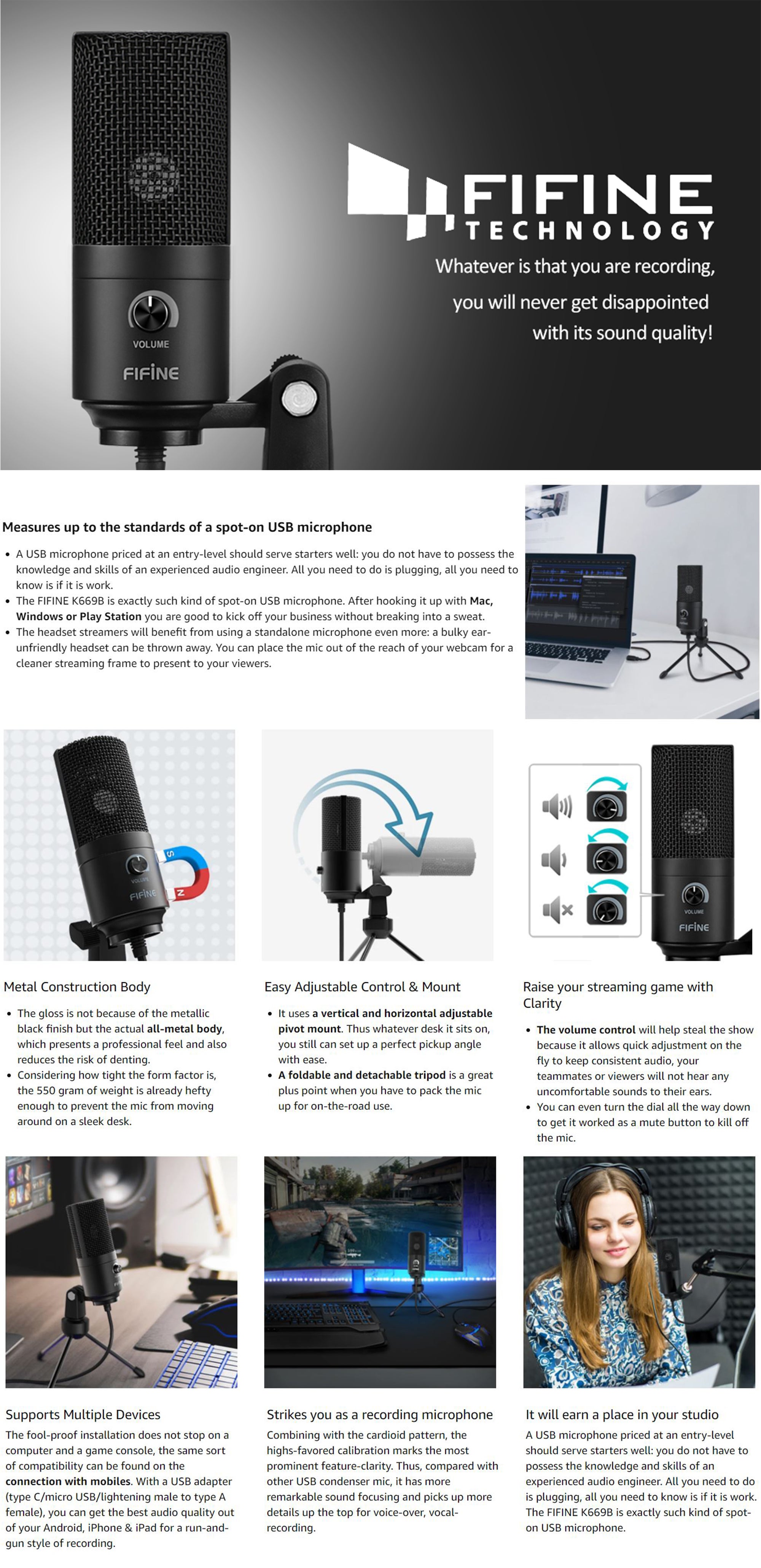 K669B Metal USB Microphone Condenser For Recording On Windows PC & Laptops, Cardioid Studio for Voice Recording, Input Volume Control Knob, Streaming And YouTube Videos K669B Black