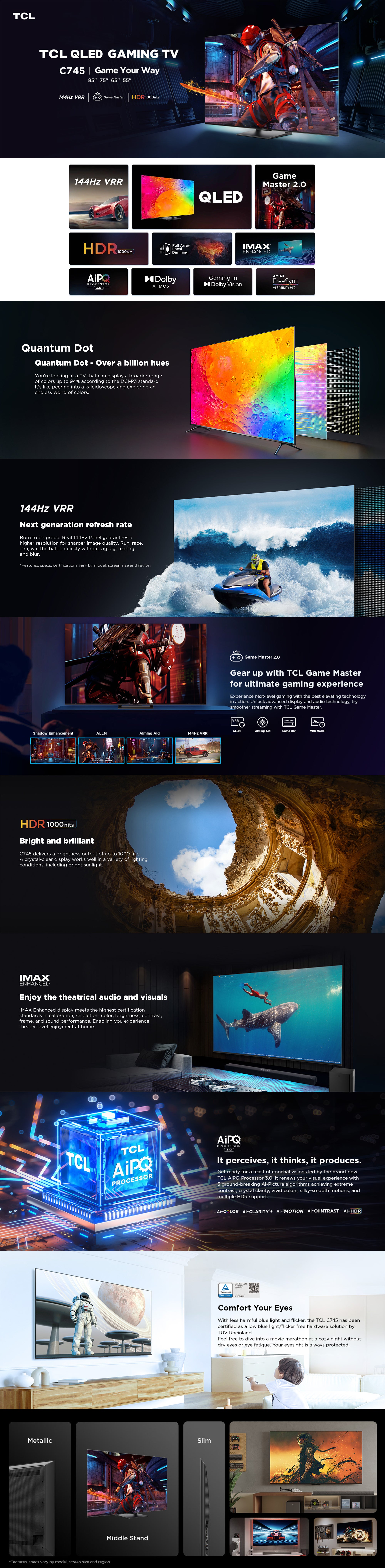 Television 75 Inch Smart TV 4K QLED HDR Ultra HD,32GB ROM,Game Master 2.0 Dolby Vision, Google TV, IQ-Atmos HDR 1000 nits IMAX Enhanced 144HZ VRR - 1 Year Warranty (2023 Model) 75C745 Black